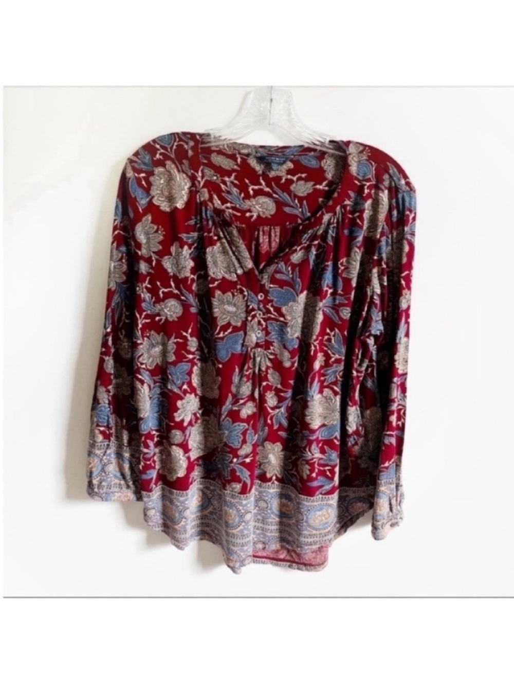 Lucky Brand henley shirt burgundy red floral blue paisley boho split neck - Picture 2 of 9